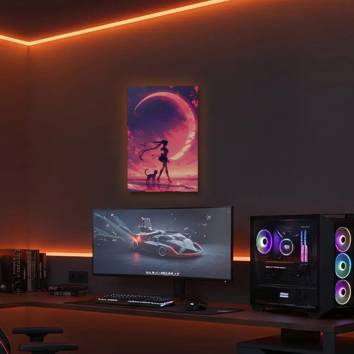 Anime Art acrylic wall art in an orange LED gaming room