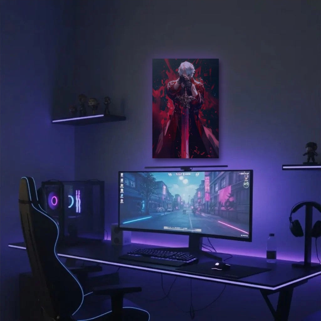 Anime Art acrylic wall art in a purple gaming setup
