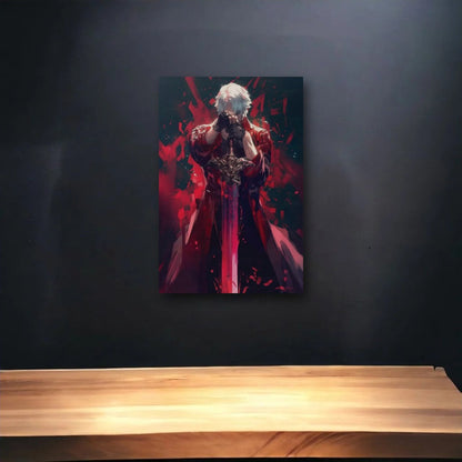 Anime Art glossy acrylic art above a wooden shelf