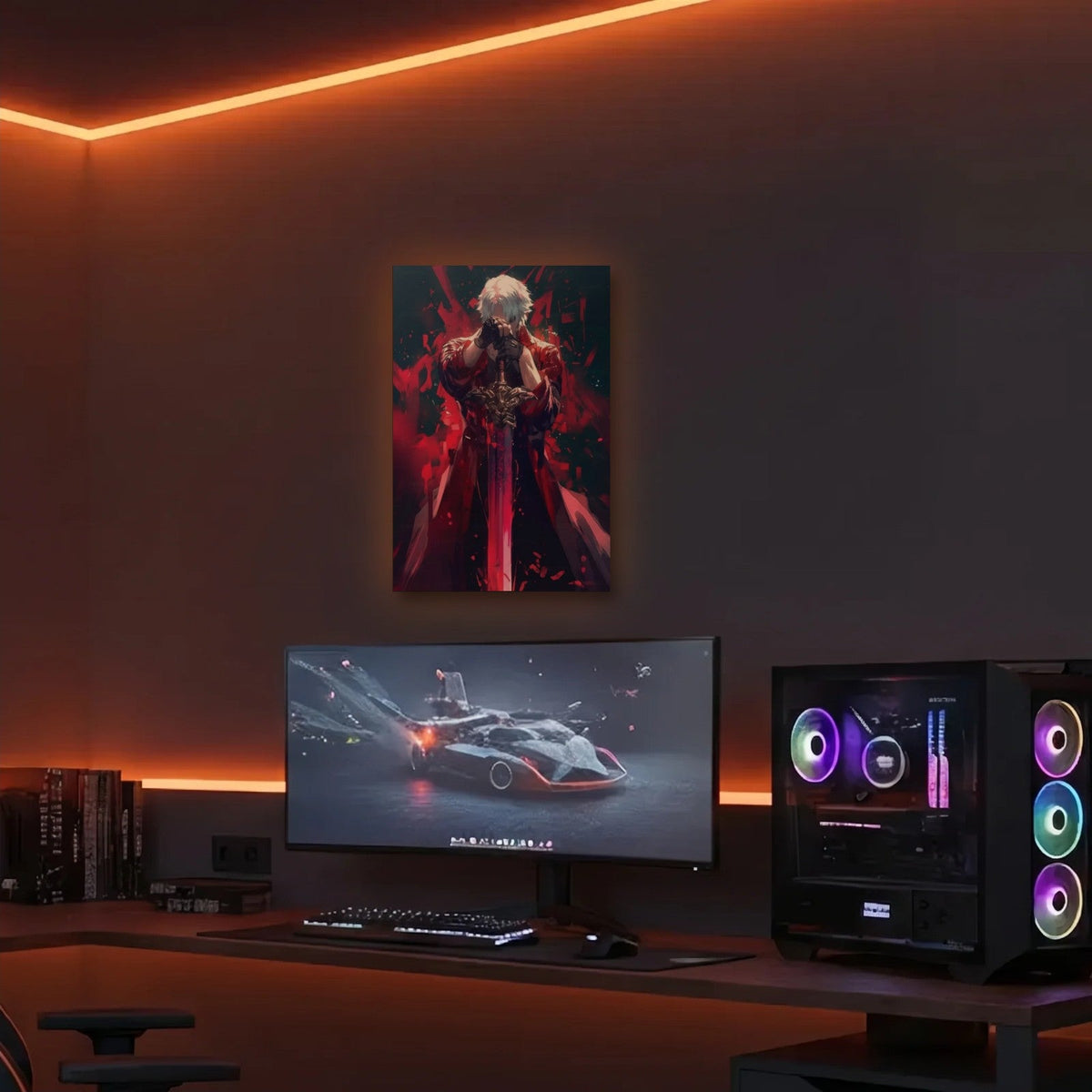 Anime Art acrylic wall art in an orange LED gaming room