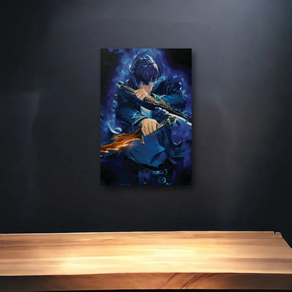 Anime Art glossy acrylic art above a wooden shelf