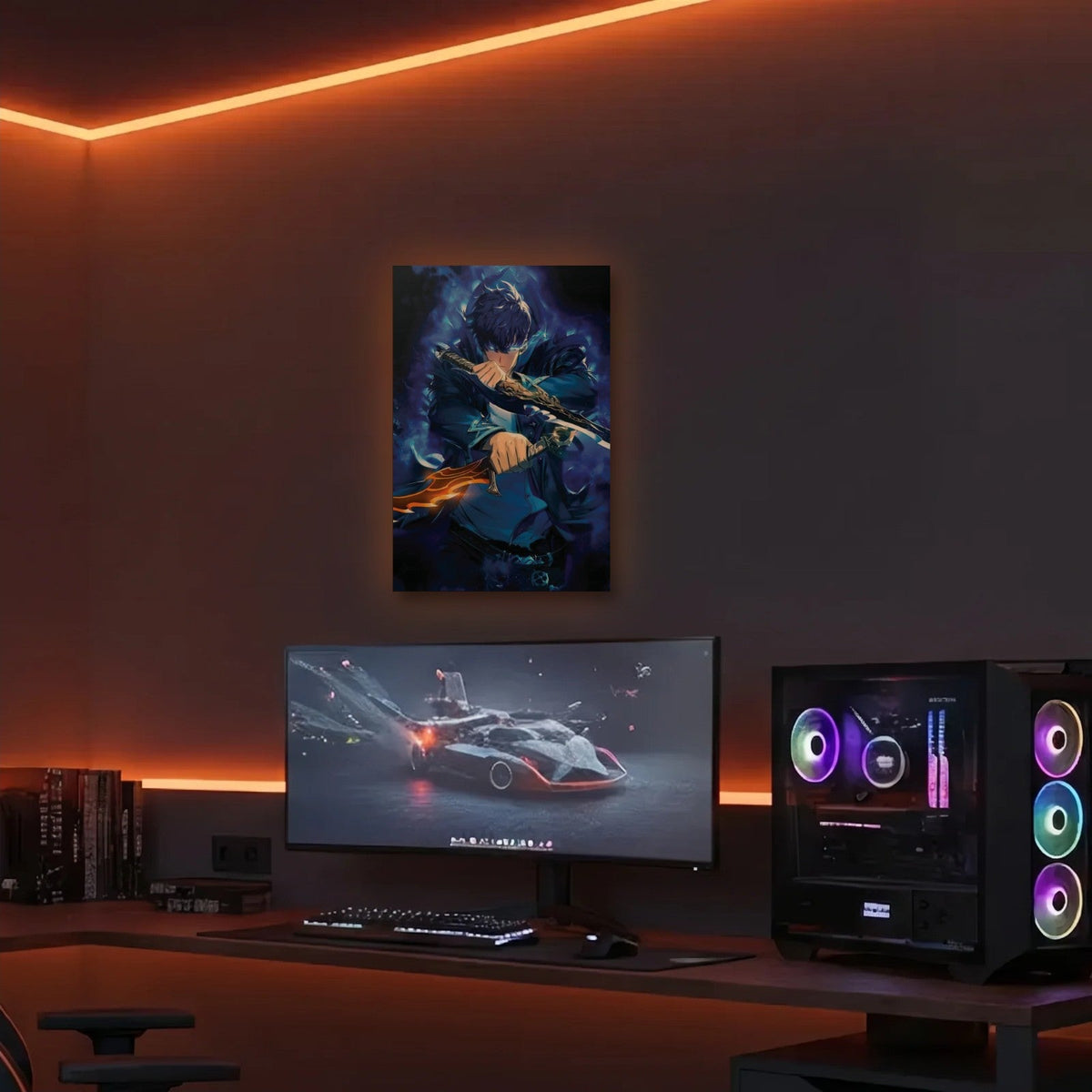 Anime Art acrylic wall art in an orange LED gaming room