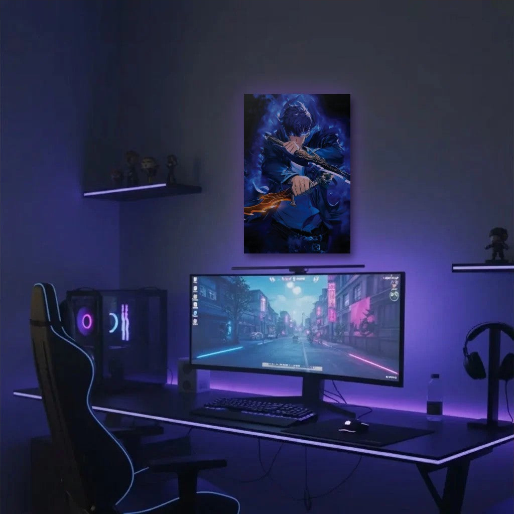 Anime Art acrylic wall art in a purple gaming setup