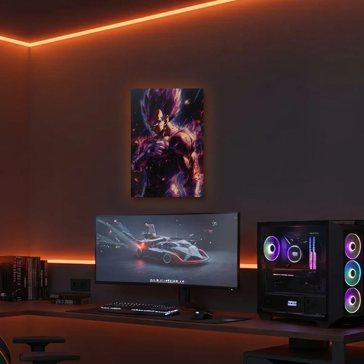 Anime Art acrylic wall art in an orange LED gaming room