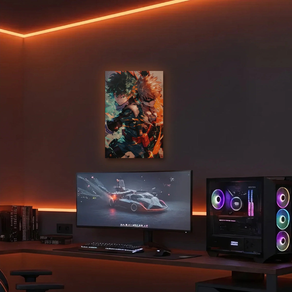 Anime Art acrylic wall art in an orange LED gaming room