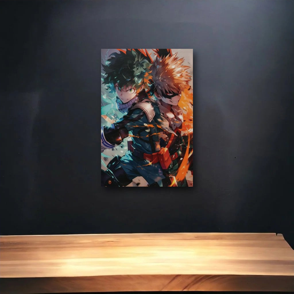 Anime Art glossy acrylic art above a wooden shelf