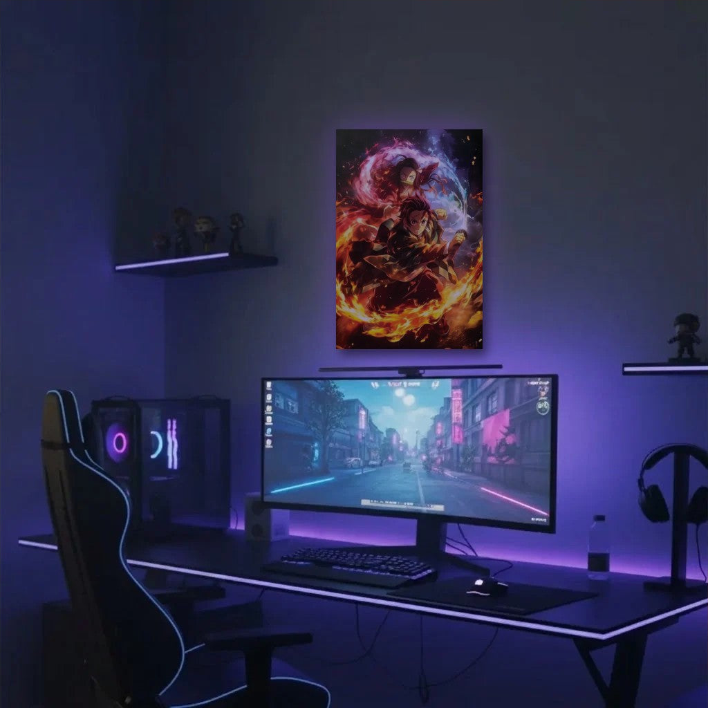 Anime Art acrylic wall art in a purple gaming setup