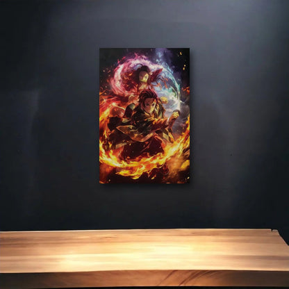 Anime Art glossy acrylic art above a wooden shelf