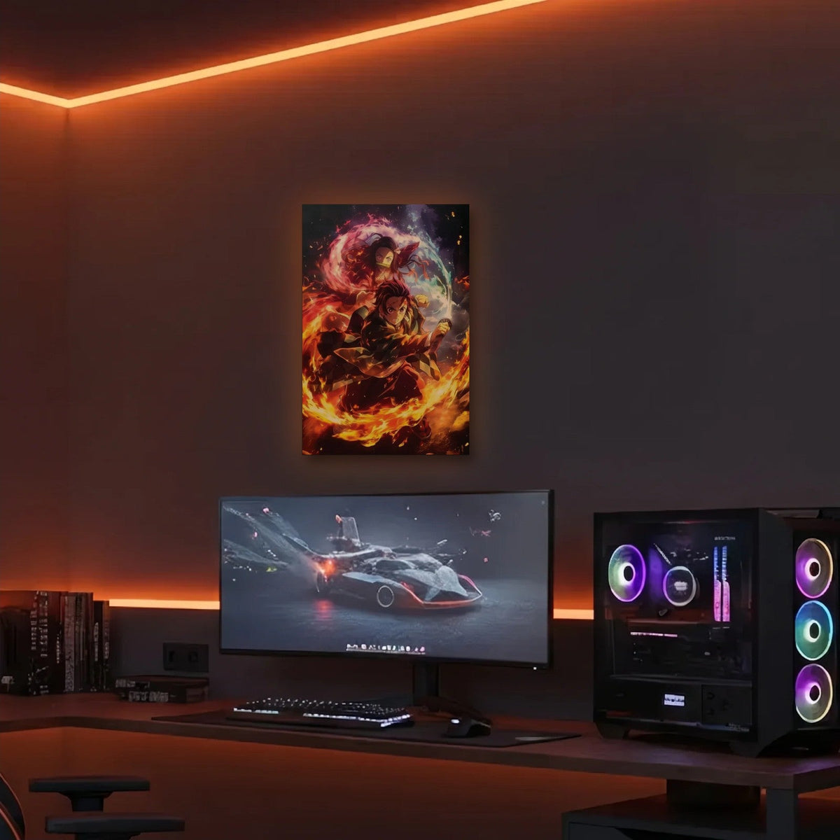 Anime Art acrylic wall art in an orange LED gaming room