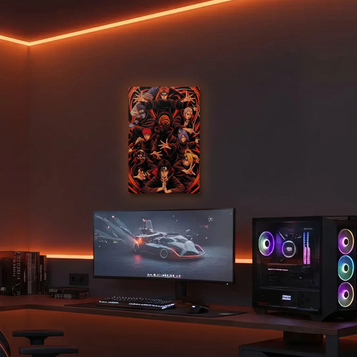Anime Art acrylic wall art in an orange LED gaming room