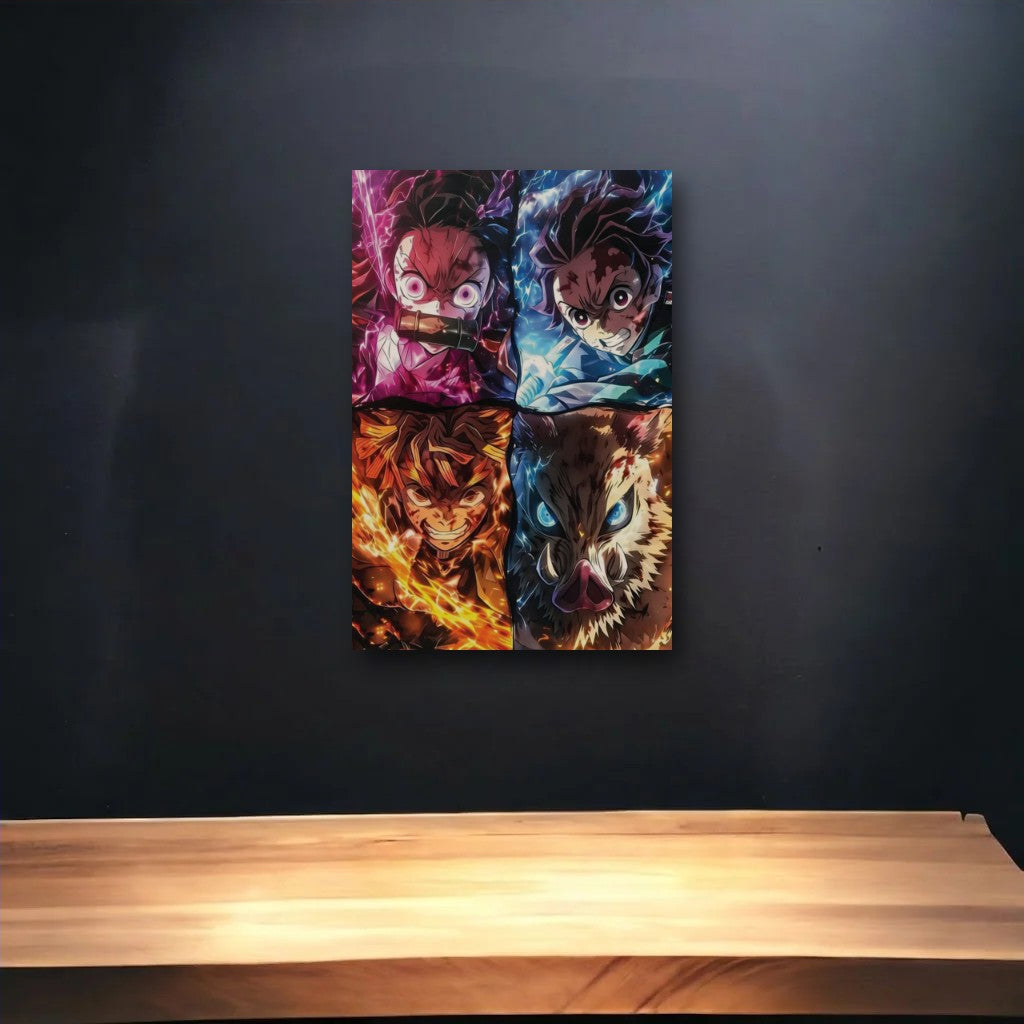Anime Art glossy acrylic art above a wooden shelf
