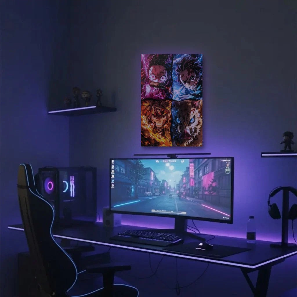 Anime Art acrylic wall art in a purple gaming setup