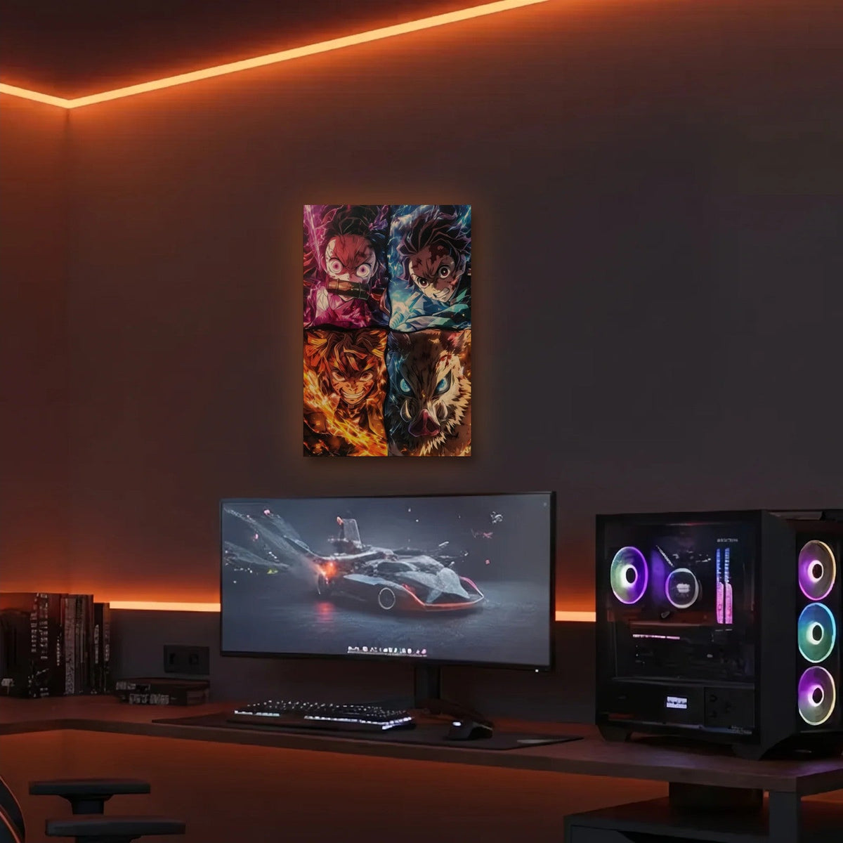 Anime Art acrylic wall art in an orange LED gaming room