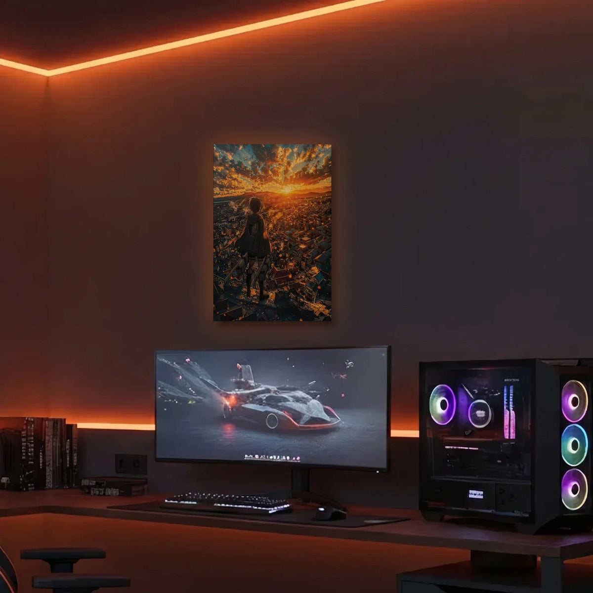 Anime Art acrylic wall art in an orange LED gaming room
