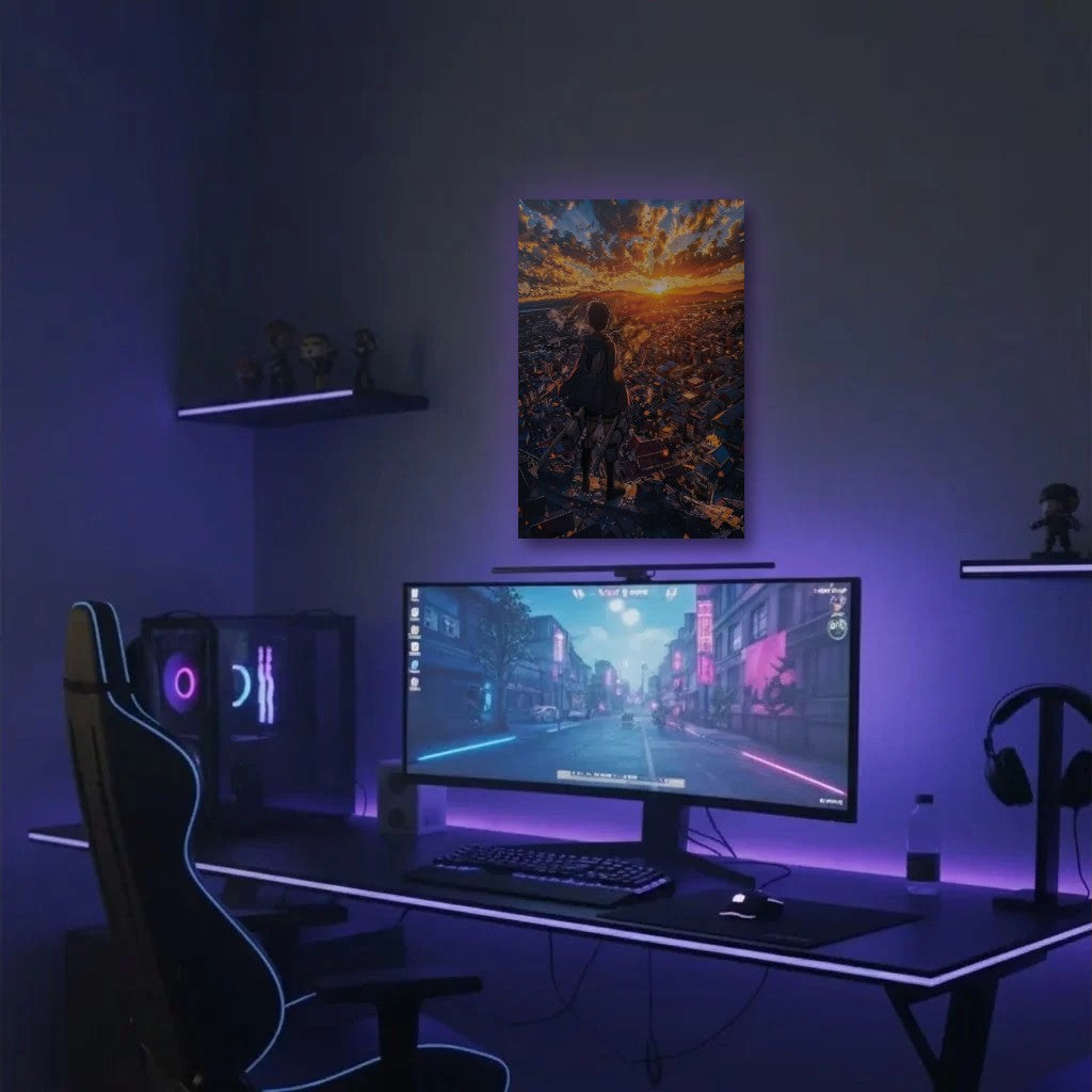Anime Art acrylic wall art in a purple gaming setup