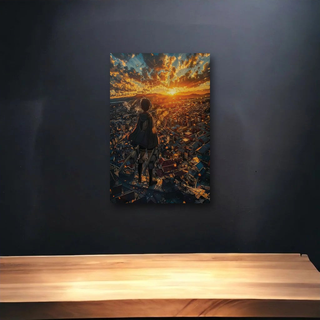 Anime Art glossy acrylic art above a wooden shelf