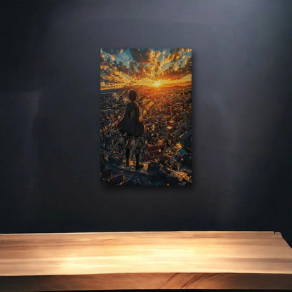 Anime Art glossy acrylic art above a wooden shelf