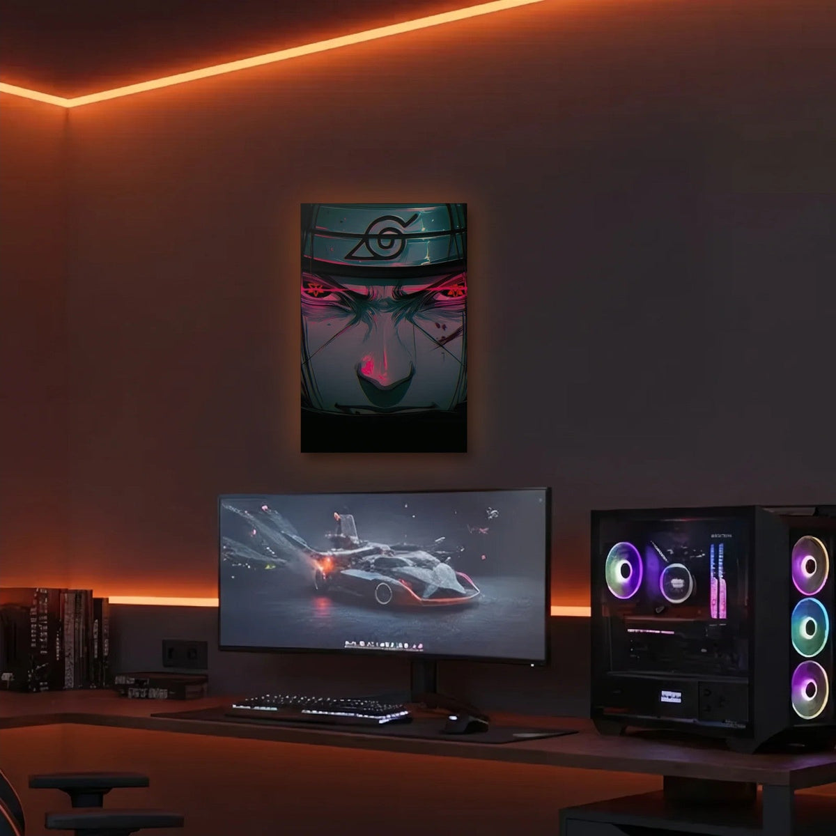 Anime Art acrylic wall art in an orange LED gaming room