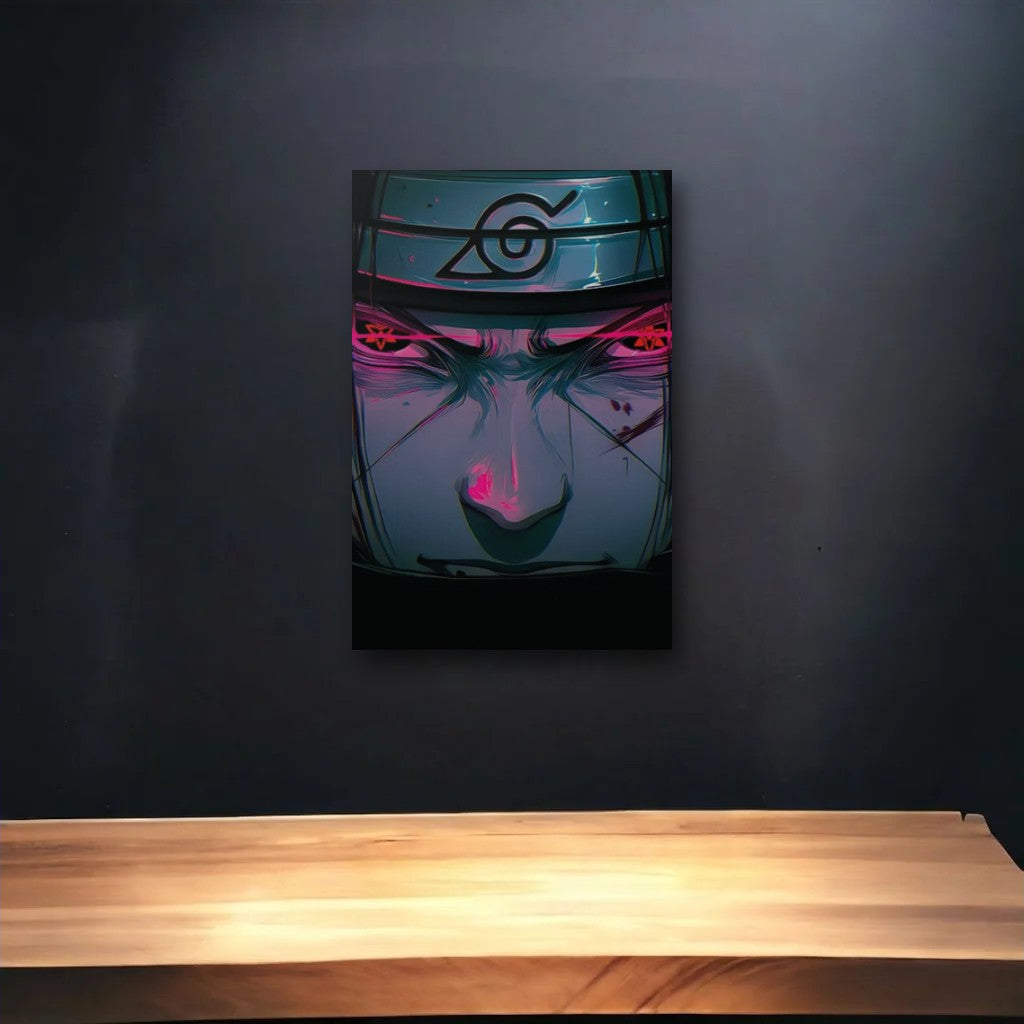 Anime Art glossy acrylic art above a wooden shelf