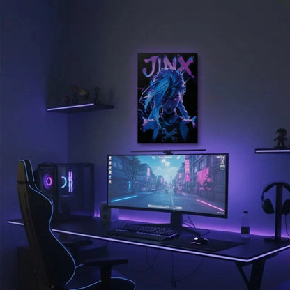 Anime Art acrylic wall art in a purple gaming setup