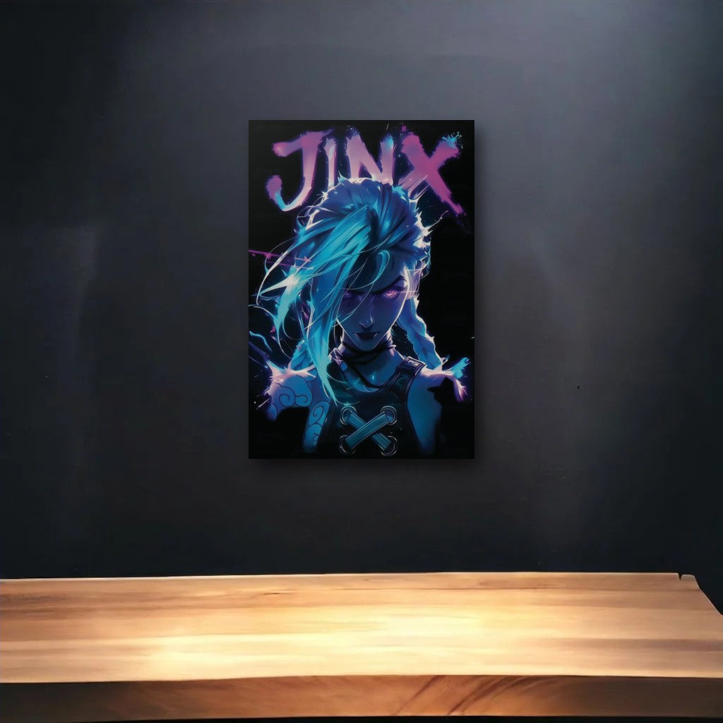 Anime Art glossy acrylic art above a wooden shelf
