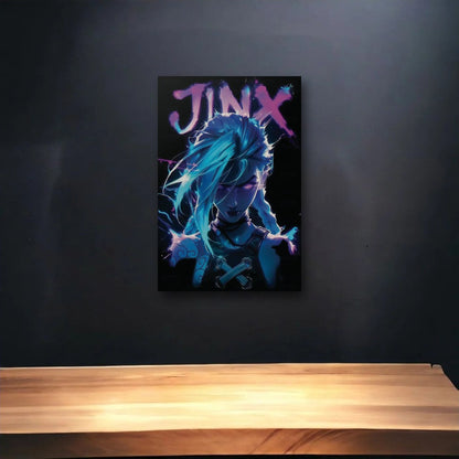 Anime Art glossy acrylic art above a wooden shelf