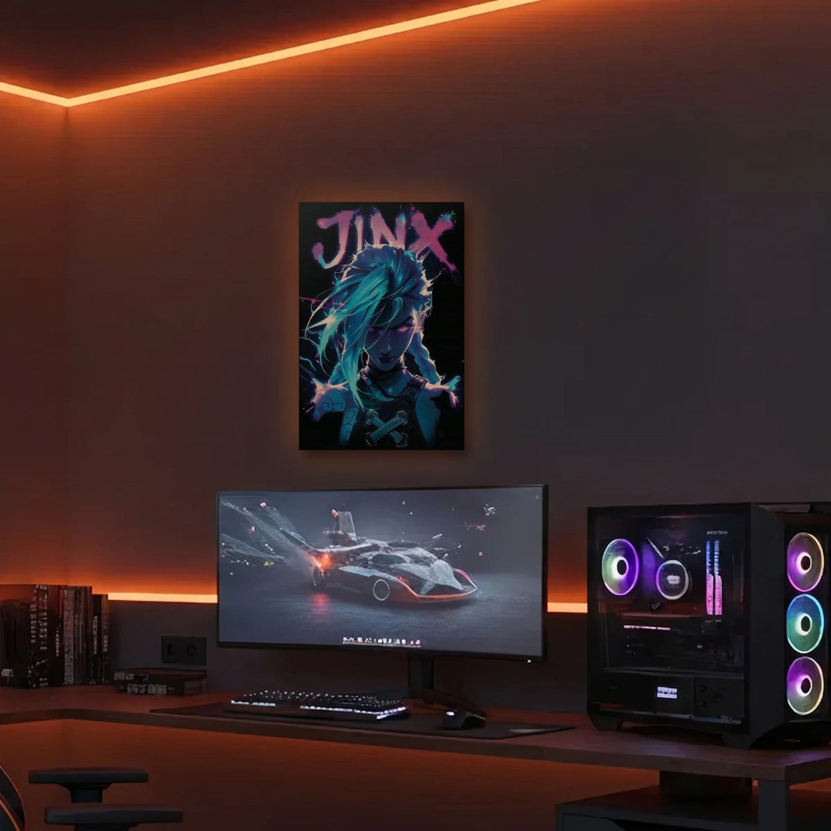 Anime Art acrylic wall art in an orange LED gaming room