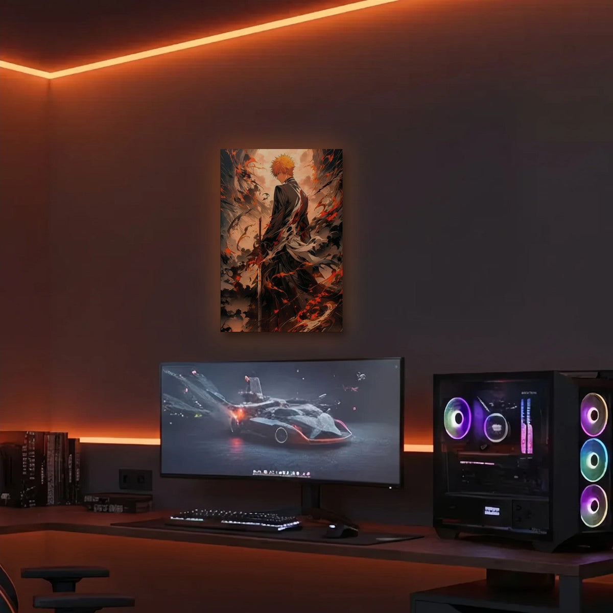 Anime Art acrylic wall art in an orange LED gaming room