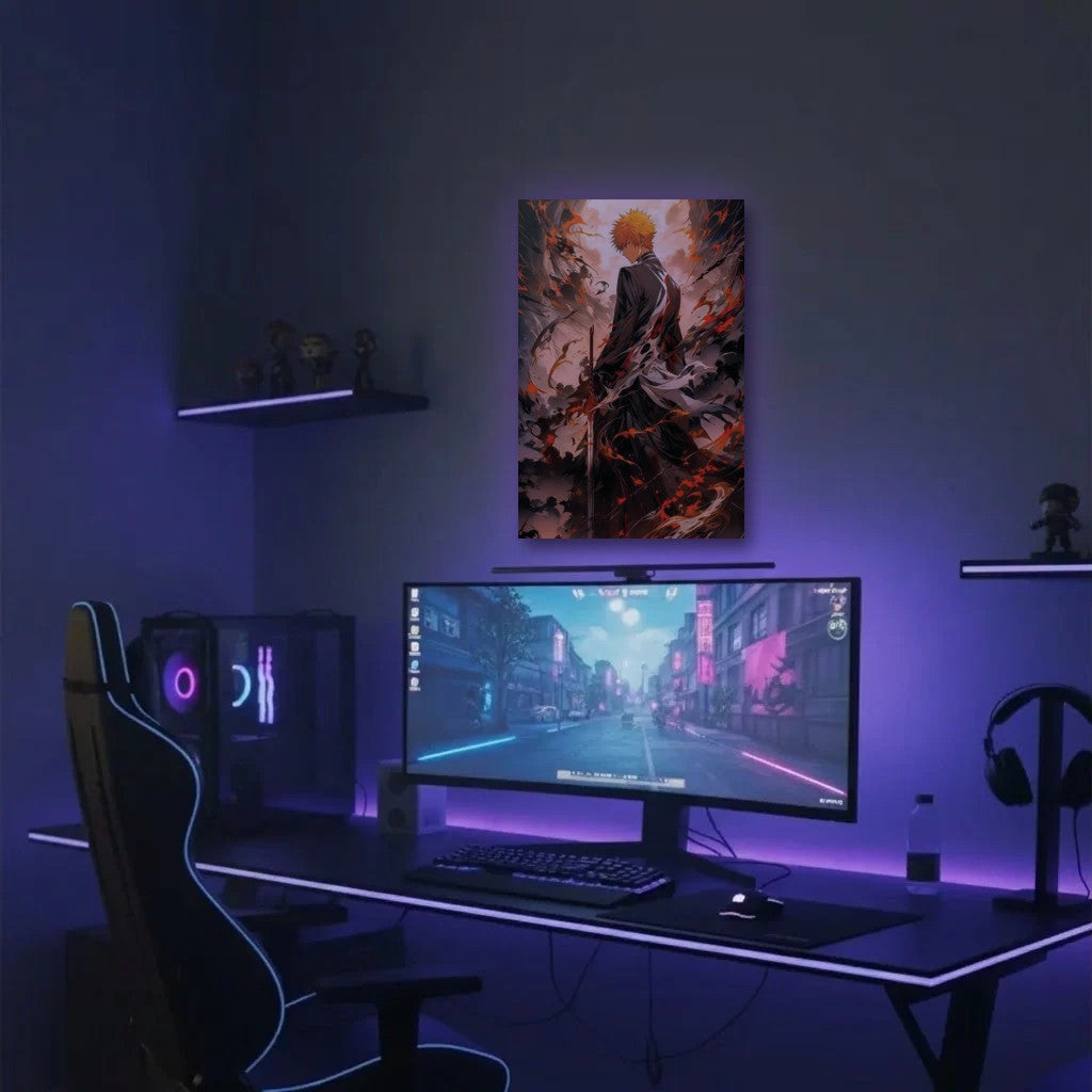 Anime Art acrylic wall art in a purple gaming setup
