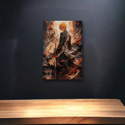 Anime Art glossy acrylic art above a wooden shelf