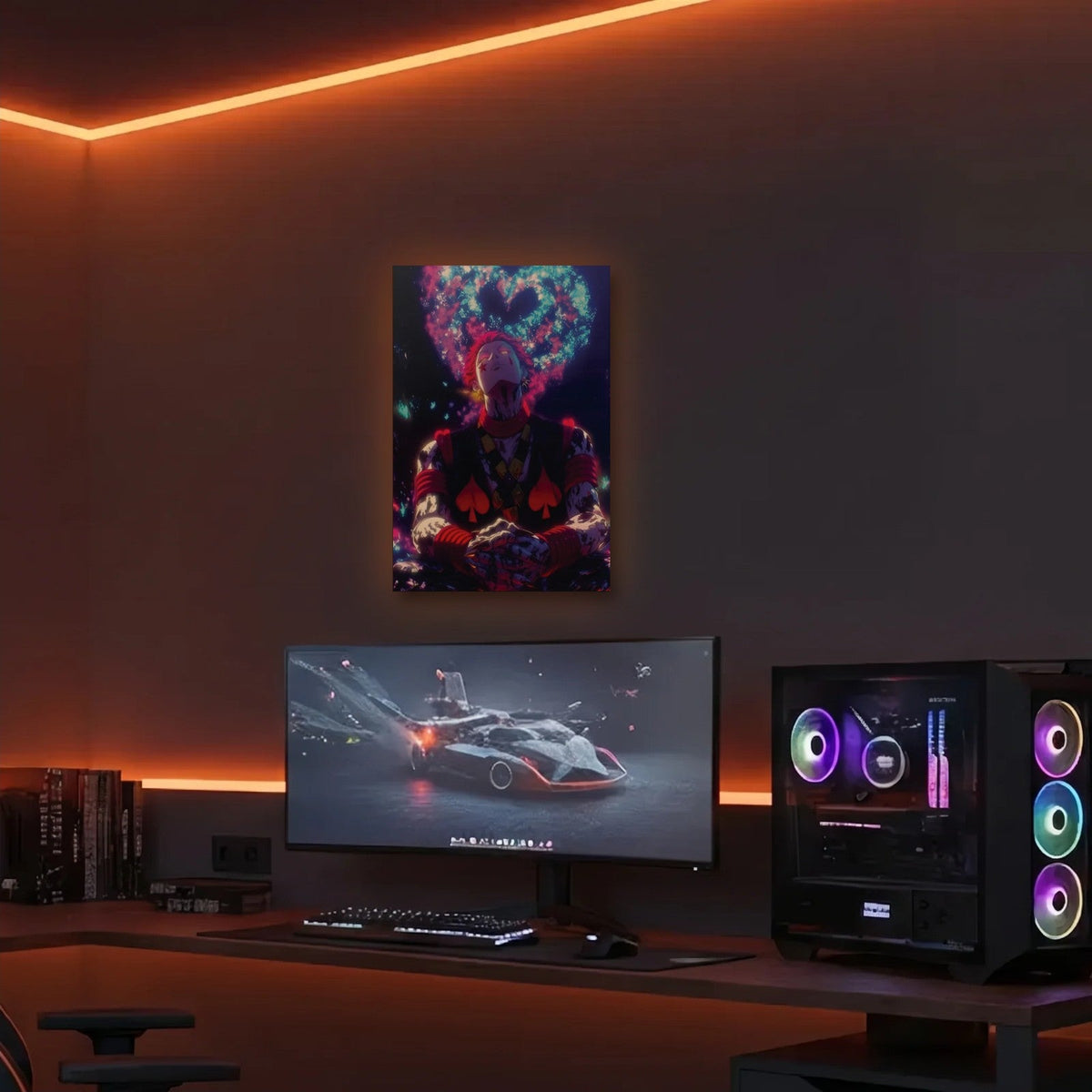 Anime Art acrylic wall art in an orange LED gaming room