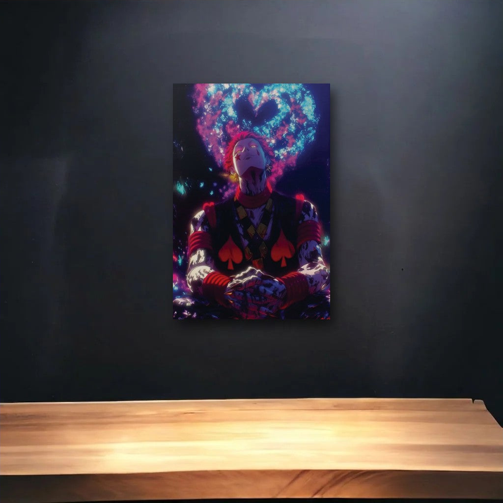 Anime Art glossy acrylic art above a wooden shelf