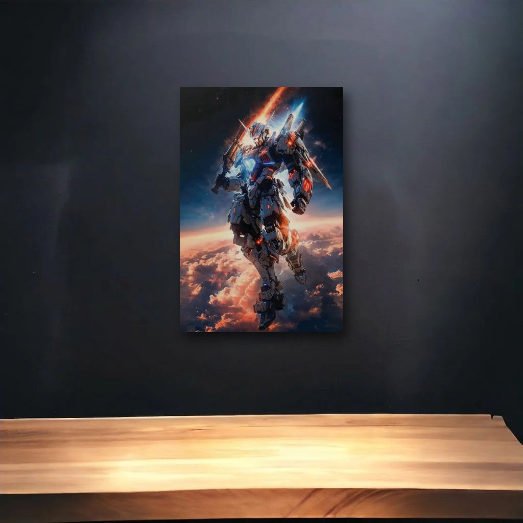 Anime Art glossy acrylic art above a wooden shelf