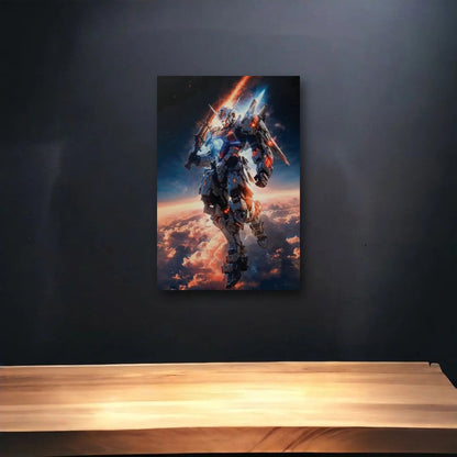 Anime Art glossy acrylic art above a wooden shelf