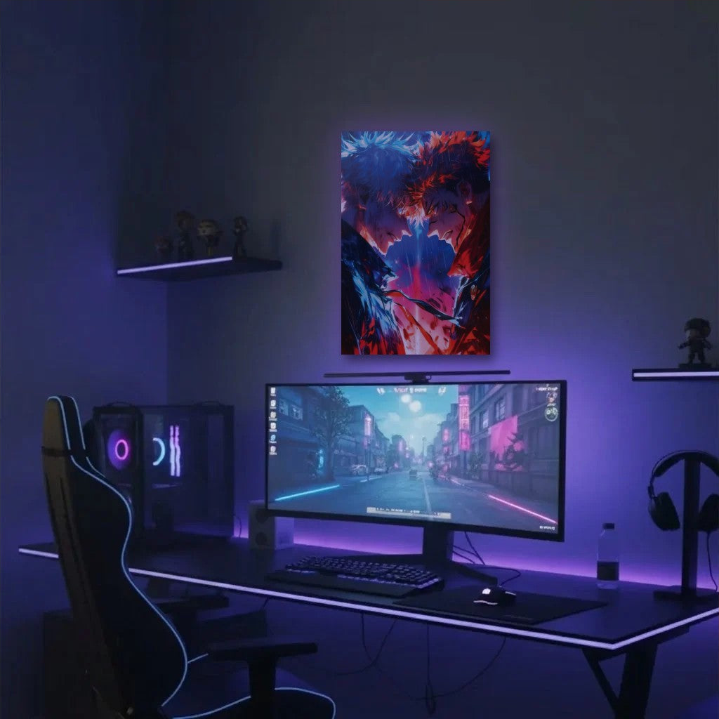 Anime Art acrylic wall art in a purple gaming setup
