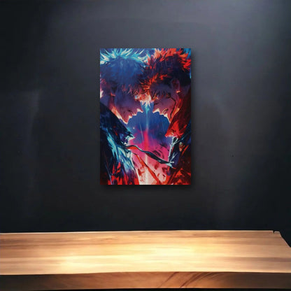 Anime Art glossy acrylic art above a wooden shelf