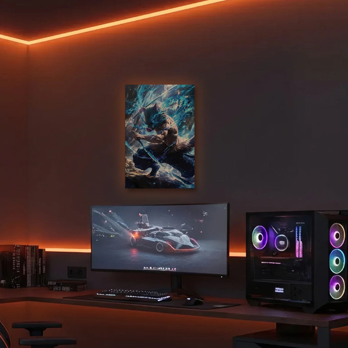 Anime Art acrylic wall art in an orange LED gaming room