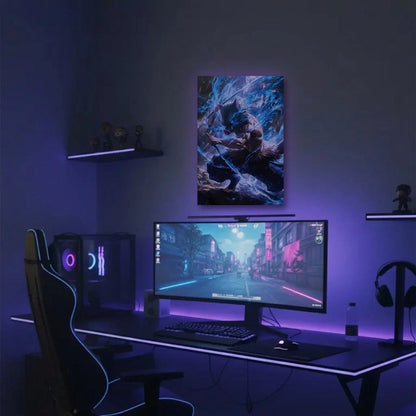 Anime Art acrylic wall art in a purple gaming setup
