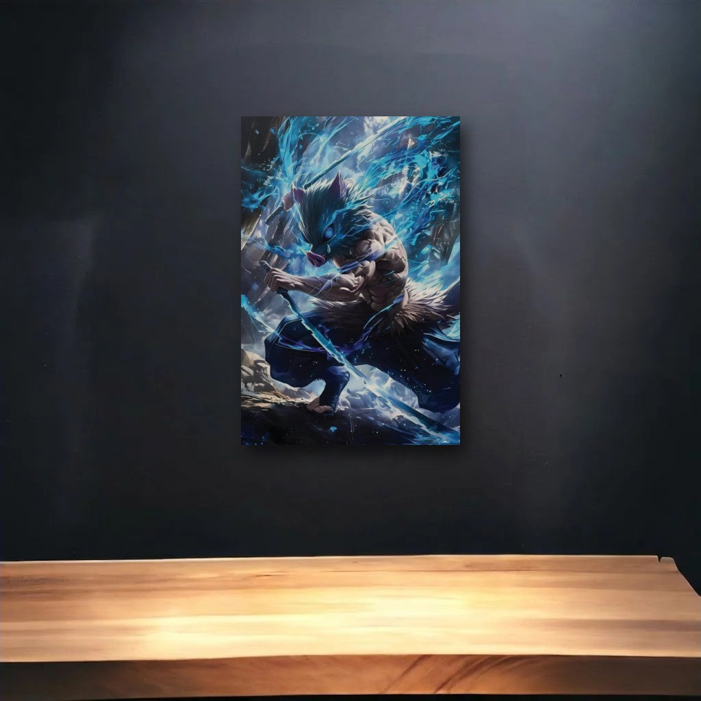 Anime Art glossy acrylic art above a wooden shelf