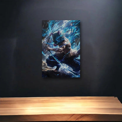 Anime Art glossy acrylic art above a wooden shelf