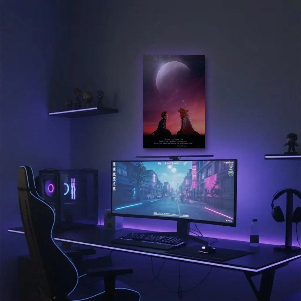 Anime Art acrylic wall art in a purple gaming setup