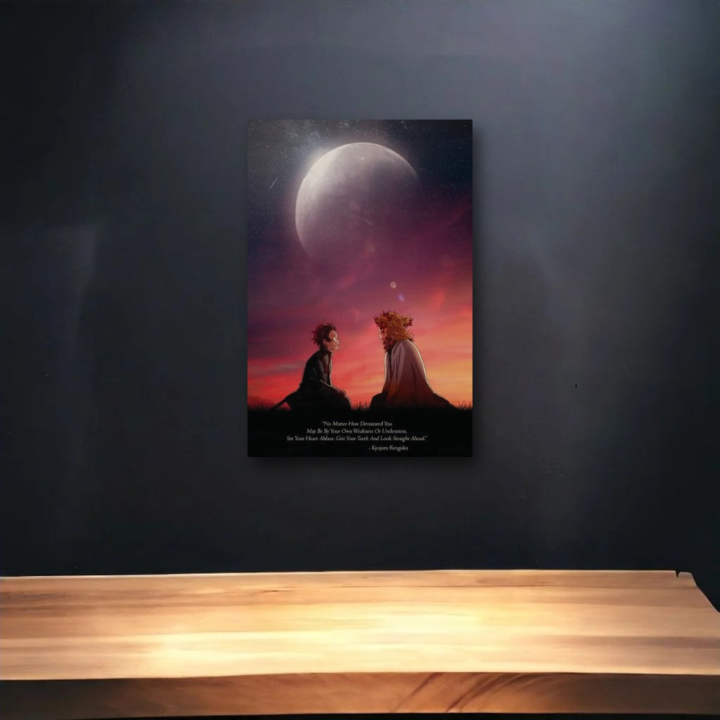 Anime Art glossy acrylic art above a wooden shelf