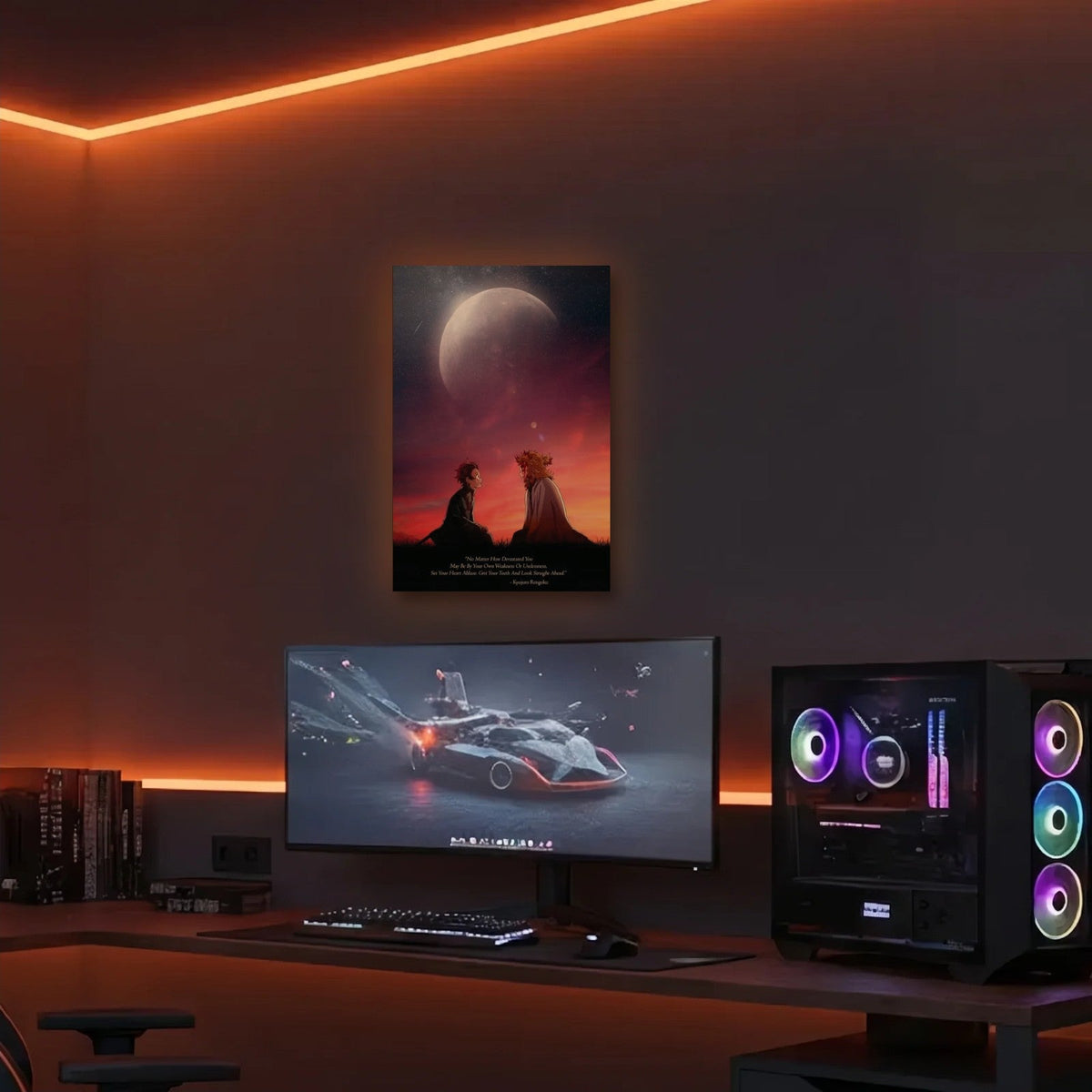 Anime Art acrylic wall art in an orange LED gaming room