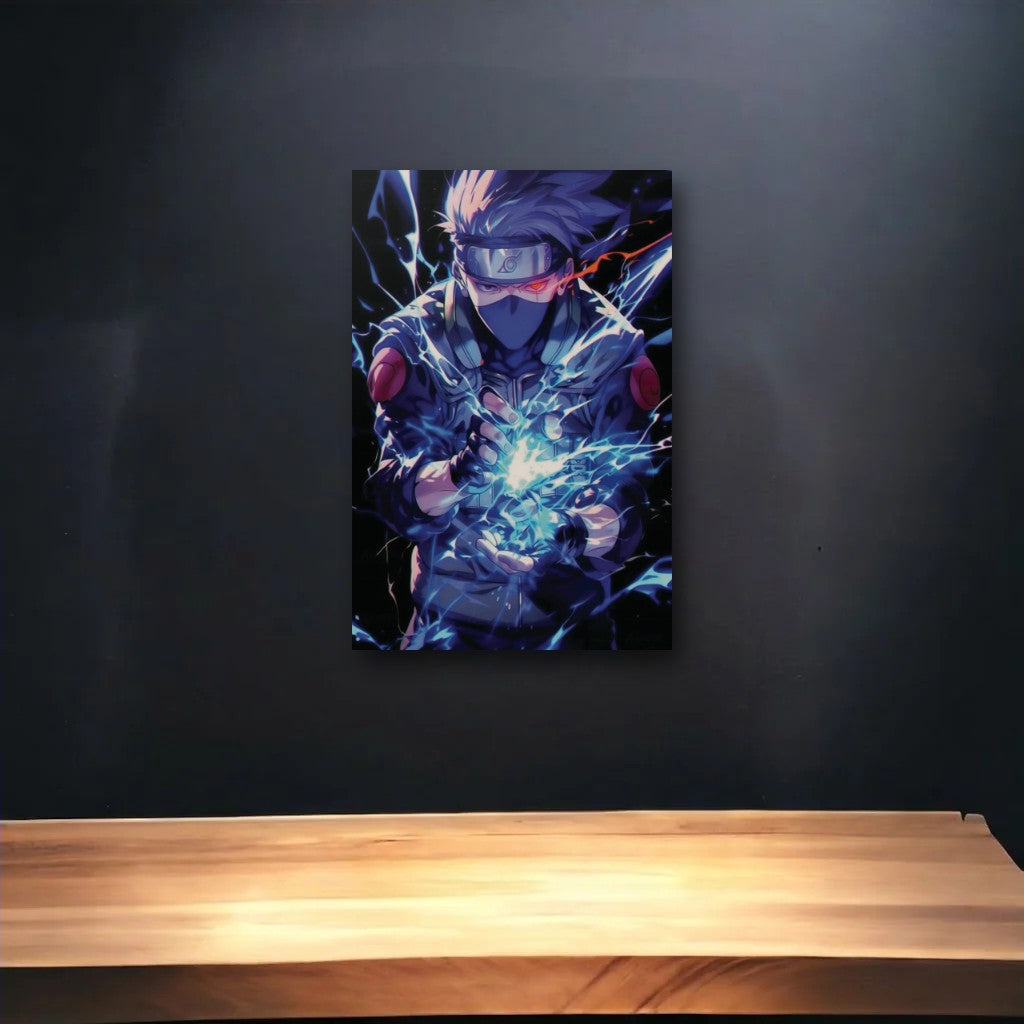 Anime Art glossy acrylic art above a wooden shelf