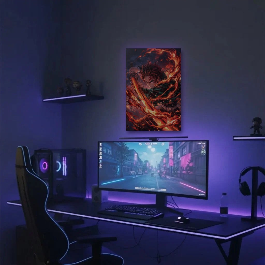 Anime Art acrylic wall art in a purple gaming setup