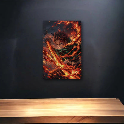 Anime Art glossy acrylic art above a wooden shelf