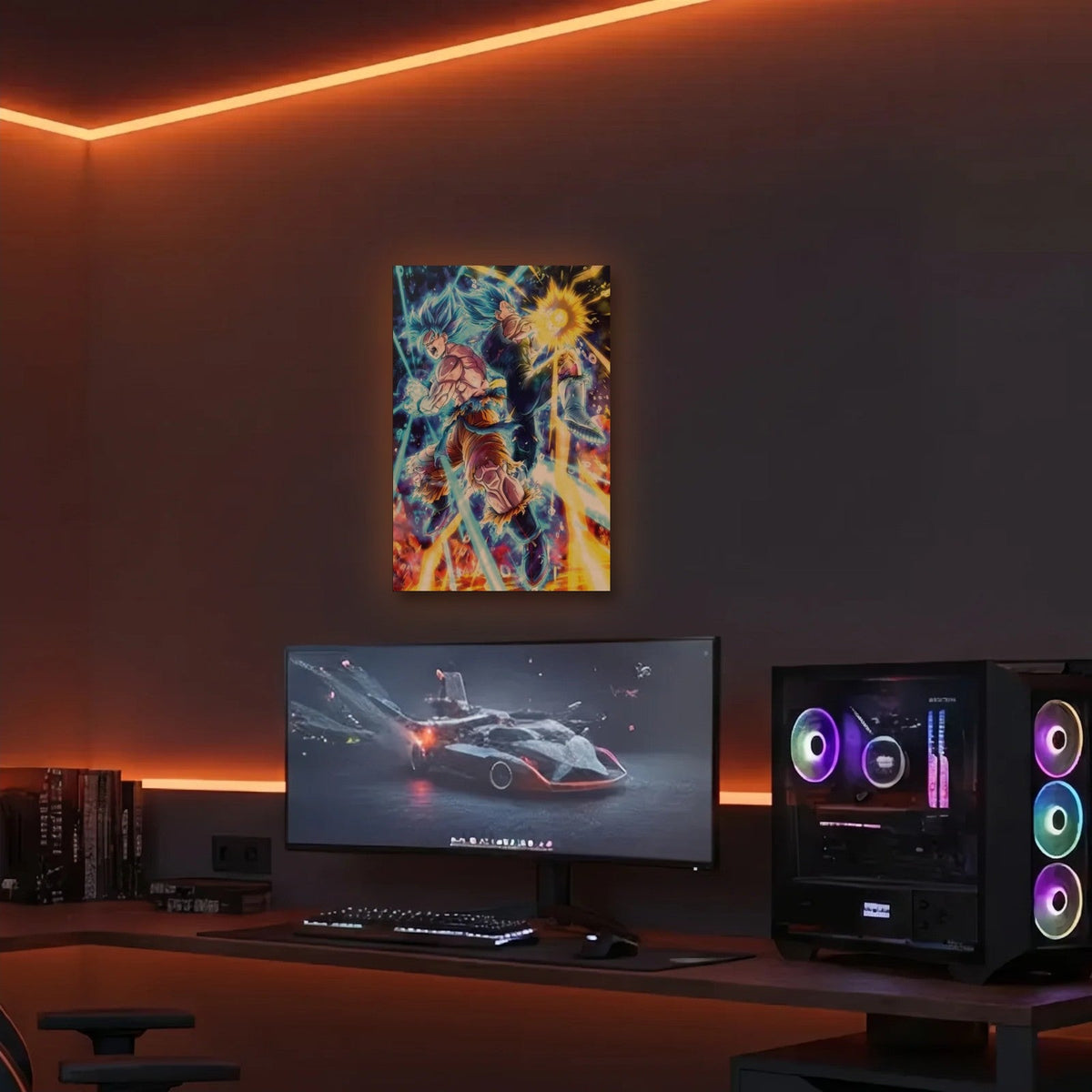 Anime Art acrylic wall art in an orange LED gaming room