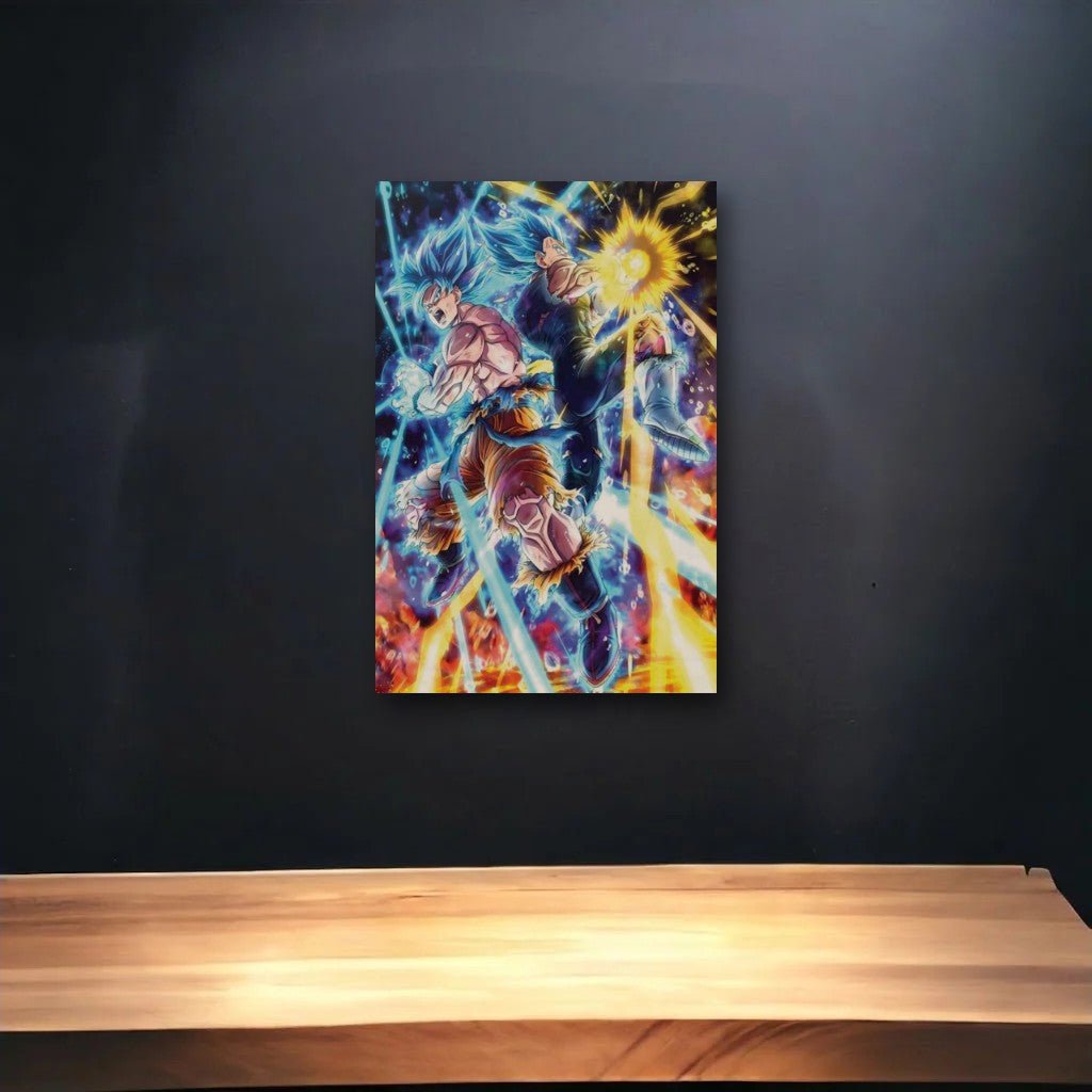 Anime Art glossy acrylic art above a wooden shelf