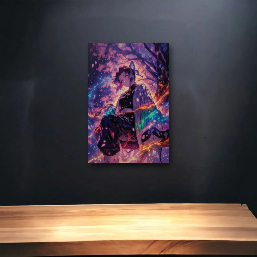 Anime Art glossy acrylic art above a wooden shelf