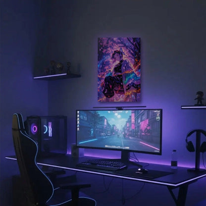 Anime Art acrylic wall art in a purple gaming setup
